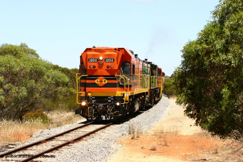 060111 2268
Tooligie, empty grain train running north behind ARG 1200 class unit 1203, a Clyde Engineering EMD model G12C serial 65-427, one of fourteen originally built between 1960-65 for WAGR as their A class A 1513, fitted with dynamic brakes and financed by Western Mining Corporation, started working on the Eyre Peninsula in November 2004. 11th January 2006.
Keywords: 1200-class;1203;Clyde-Engineering-Granville-NSW;EMD;G12C;65-427;A-class;A1513;