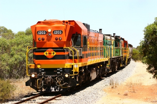 060111 2270
Tooligie, empty grain train running north behind ARG 1200 class unit 1203, a Clyde Engineering EMD model G12C serial 65-427, one of fourteen originally built between 1960-65 for WAGR as their A class A 1513, fitted with dynamic brakes and financed by Western Mining Corporation, started working on the Eyre Peninsula in November 2004. 11th January 2006.
Keywords: 1200-class;1203;Clyde-Engineering-Granville-NSW;EMD;G12C;65-427;A-class;A1513;