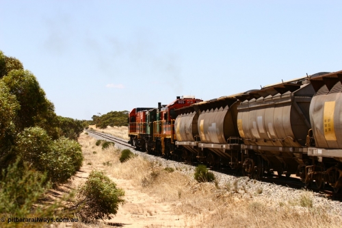 060111 2276
Peachna, Tooligie Hill Road grade crossing, empty grain train running north behind ARG 1200 class unit 1203, a Clyde Engineering EMD model G12C serial 65-427, one of fourteen originally built between 1960-65 for WAGR as their A class A 1513, fitted with dynamic brakes and financed by Western Mining Corporation, started working on the Eyre Peninsula in November 2004. 11th January 2006.
