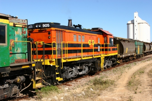 060111 2349
Kyancutta, ARG 900 class unit 905, originally built by AE Goodwin as 830 class unit 836 serial 83727, converted to DA class DA 6 by Australian National at Port Augusta workshops for driver only operation in 1996. Trailing unit in a north bound grain train. 11th January 2006.
Keywords: 900-class;905;AE-Goodwin;ALCo;DL531;83727;830-class;836;DA-class;DA6;