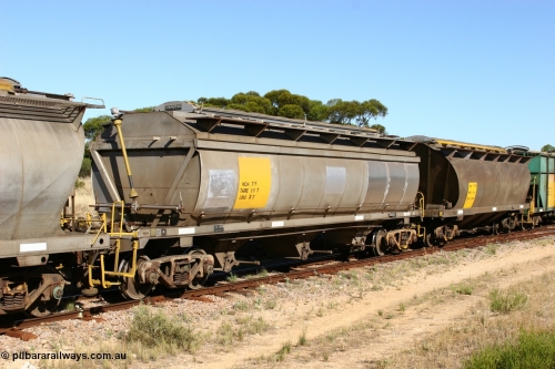 060111 2351
Kyancutta, HCN type bogie wheat waggon HCN 3 shows signs of new panel work, was modified at Islington Workshops in 1978-80 and started life as a Tulloch built NHB type iron ore hopper for the CR on the North Australia Railway in 1968-69, and an SAR built HAN type HAN 13 part of an empty grain train. 11th January 2006.
Keywords: HCN-type;HCN3;SAR-Islington-WS;rebuild;Tulloch-Ltd-NSW;NHB-type;NHB1595;