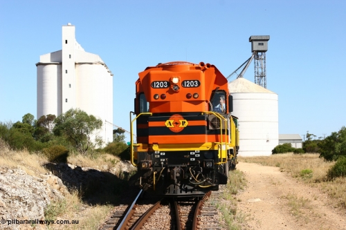 060111 2355
Kyancutta, ARG 1200 class unit 1203, a Clyde Engineering EMD model G12C serial 65-427, one of fourteen originally built between 1960-65 for WAGR as their A class A 1513, fitted with dynamic brakes and financed by Western Mining Corporation, started working on the Eyre Peninsula in November 2004.
Keywords: 1200-class;1203;Clyde-Engineering-Granville-NSW;EMD;G12C;65-427;A-class;A1513;