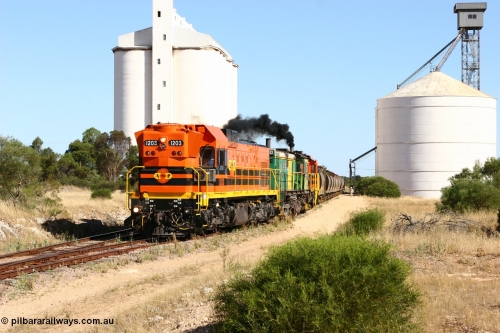 060111 2360
Kyancutta, ARG 1200 class unit 1203, a Clyde Engineering EMD model G12C serial 65-427, one of fourteen originally built between 1960-65 for WAGR as their A class A 1513, fitted with dynamic brakes and financed by Western Mining Corporation, started working on the Eyre Peninsula in November 2004.
Keywords: 1200-class;1203;Clyde-Engineering-Granville-NSW;EMD;G12C;65-427;A-class;A1513;