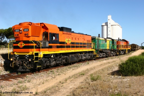 060111 2363
Kyancutta, ARG 1200 class unit 1203, a Clyde Engineering EMD model G12C serial 65-427, one of fourteen originally built between 1960-65 for WAGR as their A class A 1513, fitted with dynamic brakes and financed by Western Mining Corporation, started working on the Eyre Peninsula in November 2004.
Keywords: 1200-class;1203;Clyde-Engineering-Granville-NSW;EMD;G12C;65-427;A-class;A1513;