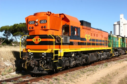060111 2367
Kyancutta, ARG 1200 class unit 1203, a Clyde Engineering EMD model G12C serial 65-427, one of fourteen originally built between 1960-65 for WAGR as their A class A 1513, fitted with dynamic brakes and financed by Western Mining Corporation, started working on the Eyre Peninsula in November 2004.
Keywords: 1200-class;1203;Clyde-Engineering-Granville-NSW;EMD;G12C;65-427;A-class;A1513;