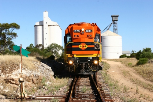 060111 2371
Kyancutta, ARG 1200 class unit 1203, a Clyde Engineering EMD model G12C serial 65-427, one of fourteen originally built between 1960-65 for WAGR as their A class A 1513, fitted with dynamic brakes and financed by Western Mining Corporation, started working on the Eyre Peninsula in November 2004.
Keywords: 1200-class;1203;Clyde-Engineering-Granville-NSW;EMD;G12C;65-427;A-class;A1513;