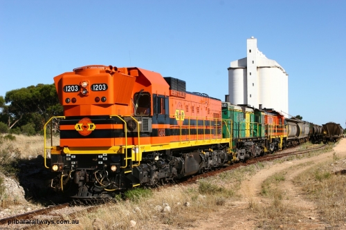 060111 2375
Kyancutta, ARG 1200 class unit 1203, a Clyde Engineering EMD model G12C serial 65-427, one of fourteen originally built between 1960-65 for WAGR as their A class A 1513, fitted with dynamic brakes and financed by Western Mining Corporation, started working on the Eyre Peninsula in November 2004.
Keywords: 1200-class;1203;Clyde-Engineering-Granville-NSW;EMD;G12C;65-427;A-class;A1513;