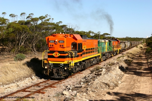 060111 2387
Kyancutta, ARG 1200 class unit 1203, a Clyde Engineering EMD model G12C serial 65-427, one of fourteen originally built between 1960-65 for WAGR as their A class A 1513, fitted with dynamic brakes and financed by Western Mining Corporation, started working on the Eyre Peninsula in November 2004.
Keywords: 1200-class;1203;Clyde-Engineering-Granville-NSW;EMD;G12C;65-427;A-class;A1513;