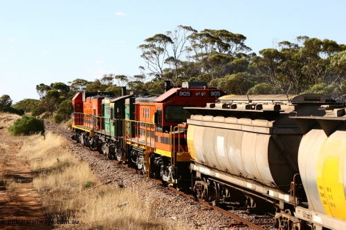 060111 2390
Kyancutta, ARG 900 class unit 905, originally built by AE Goodwin as 830 class unit 836 serial 83727, converted to DA class DA 6 by Australian National at Port Augusta workshops for driver only operation in 1996. Trailing unit in a north bound grain train. 11th January 2006.
Keywords: 900-class;905;AE-Goodwin;ALCo;DL531;83727;830-class;836;DA-class;DA6;