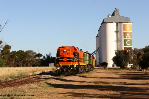 060111 2401
Wudinna, ARG 1200 class unit 1203, a Clyde Engineering EMD model G12C serial 65-427, one of fourteen originally built between 1960-65 for WAGR as their A class A 1513, fitted with dynamic brakes and financed by Western Mining Corporation, started working on the Eyre Peninsula in November 2004, shunts through the yard.
Keywords: 1200-class;1203;Clyde-Engineering-Granville-NSW;EMD;G12C;65-427;A-class;A1513;