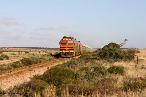 060113 2415
Ceduna, loaded gypsum train 6DD2 powers along the grades outside of town behind the triple 1600 / NJ class combination of 1604, NJ 3 and 1601 at 08:10 AM on the Friday the 13th January 2006.
Keywords: 1600-class;1604;Clyde-Engineering-Granville-NSW;EMD;JL22C;71-731;NJ-class;NJ4;