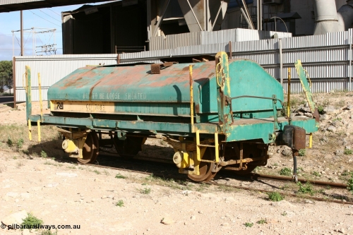 060113 2429
Thevenard, GCF type weighbridge test waggon GCF 7083, originally built by SAR Islington Workshops as an CFN type cattle waggon CFN 7083 in 1945 and sent new to EP Division, converted in 1969 to GCF sleeper transport waggon, then to a Shunters Runner c.1975 and to the current guise c.1996. [url=http://www.minnipasiding.com.au/peninsula-pioneer/rs-weigh-test.html]More details can be found for this waggon here[/url]. [url=https://goo.gl/maps/u2D4l]Seen here next to one of the silo complexes[/url].
Keywords: GCF-type;GCF7083;SAR-Islington-WS;CFN-type;CFN7083;