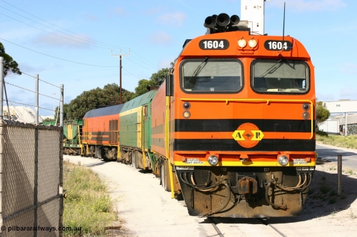060113 2437
Thevenard, at the Gypsum Resources Australian (GRA) gypsum unloading site, 1604 leads a triple consist of Clyde Engineering EMD JL22C model 1600 / NJ class combination of 1604 serial 71-731 and originally NJ 4, NJ 3 serial 71-730 and 1601 serial 71-728 class leader NJ 1, all three units started on the Central Australia Railway in 1971 and were transferred to the Eyre Peninsula in 1981. 1604 and 1601 both renumbered in 2004. Friday 13th January 2006.
Keywords: 1600-class;1604;Clyde-Engineering-Granville-NSW;EMD;JL22C;71-731;NJ-class;NJ4;