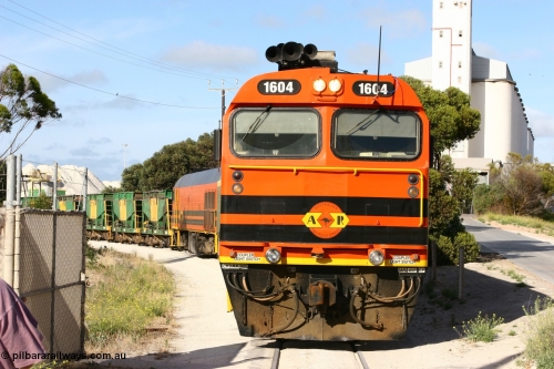 060113 2439
Thevenard, at the Gypsum Resources Australian (GRA) gypsum unloading site, 1604 leads a triple consist of Clyde Engineering EMD JL22C model 1600 / NJ class combination of 1604 serial 71-731 and originally NJ 4, NJ 3 serial 71-730 and 1601 serial 71-728 class leader NJ 1, all three units started on the Central Australia Railway in 1971 and were transferred to the Eyre Peninsula in 1981. 1604 and 1601 both renumbered in 2004. Friday 13th January 2006.
Keywords: 1600-class;1604;Clyde-Engineering-Granville-NSW;EMD;JL22C;71-731;NJ-class;NJ4;
