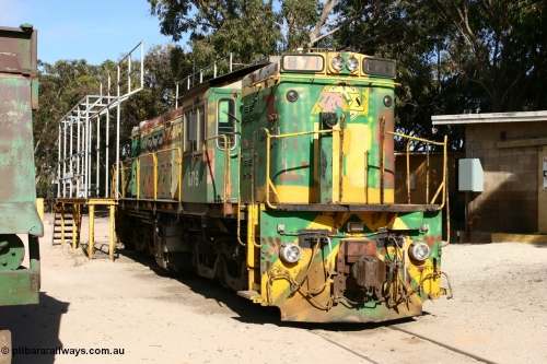 060113 2455
Thevenard, AE Goodwin ALCo model DL531 built for the SAR as 830 class locomotive 871 serial G3422-1 was issued when built in 1966 to the Eyre Peninsula division of South Australian Railways. Still wearing Australian National green and yellow but with ASR decals as it stands in the yard with a couple of ENH type hopper waggons. 13th January 2006.
Keywords: 830-class;871;AE-Goodwin;ALCo;DL531;G3422-1;