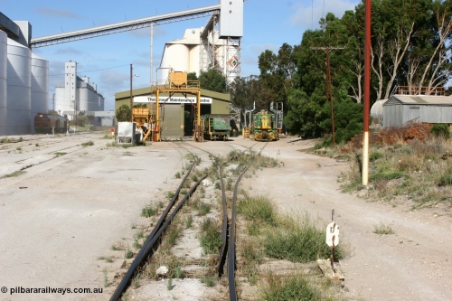 060113 2458
Thevenard, yard view looking west from No. 17 points at the front of the maintenance 'yard' with 6DD3 running along beside the silos as it unloads at GRA, further silos form the background with the maintenance centre with stand-by loco 871 on hand and a couple of ENH hopper waggons. 13th January 2006.
