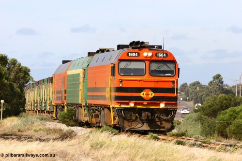 060113 2475
Thevenard, empty gypsum train 6DD3 lead by narrow gauge loco 1604 with a triple consist of Clyde Engineering built EMD JL22C model 1600 / NJ class combination of 1604 serial 71-731 and originally NJ 4, NJ 3 serial 71-730 and 1601 serial 71-728 the original class leader NJ 1, all three units started on the Central Australia Railway in 1971 and were transferred to the Eyre Peninsula in 1981. 1604 and 1601 both renumbered in 2004 [url=https://goo.gl/maps/3dLGGj7AFkE82J4A8]GeoData[/url]. 13th January 2006.
Keywords: 1600-class;1604;Clyde-Engineering-Granville-NSW;EMD;JL22C;71-731;NJ-class;NJ4;
