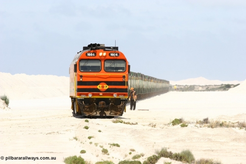 060113 2513
Kevin, empty train 6DD3 shunts back onto the triangle leg behind triple NJ/1600 class units, as the 2nd driver is on the ground monitoring the train as it passes over the points. January 13, 2006.
Keywords: 1600-class;1604;Clyde-Engineering-Granville-NSW;EMD;JL22C;71-731;NJ-class;NJ4;
