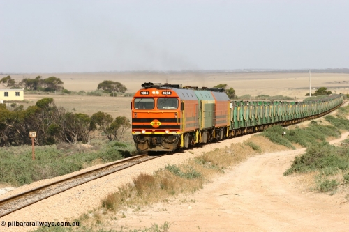 060113 2579
Ceduna, or Denial Bay area, empty gypsum train 6DD5 blasts up hill at the 440 km, west of Carpenter Corner Rd with power from triple 1600/NJ class units 1604, NJ 3 and 1601. 1604 in Australian Railroad Group livery is a Clyde Engineering built EMD JL22C model serial 71-731, originally built as NJ class NJ 4. [url=https://goo.gl/maps/ULA2PjjKh6nhwHTdA]Location approximation[/url]. 13th January 2006.
Keywords: 1600-class;1604;Clyde-Engineering-Granville-NSW;EMD;JL22C;71-731;NJ-class;NJ4;