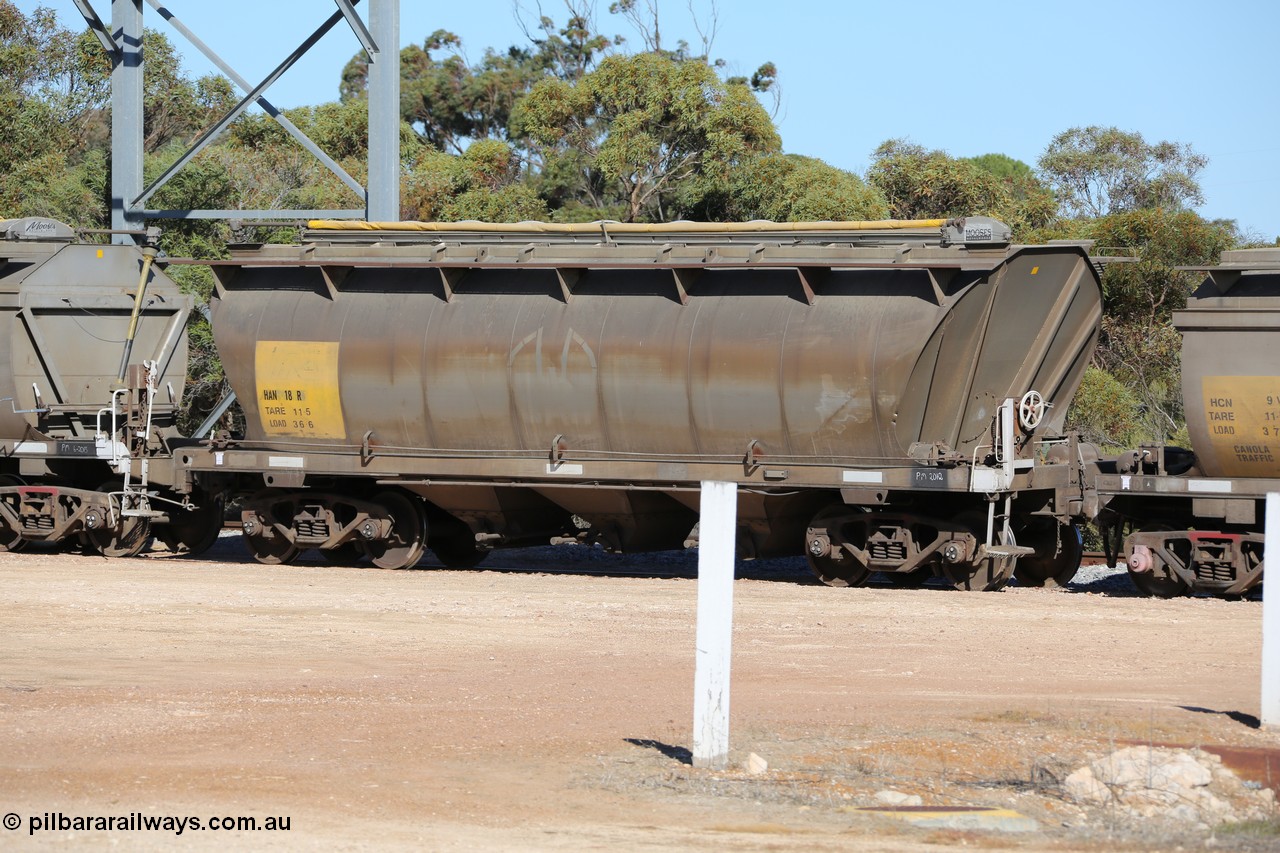 130703 0131
Murdinga, bogie grain hopper waggon HAN 18, one of sixty eight units built by South Australian Railways Islington Workshops between 1969 and 1973 as the HAN type for the Eyre Peninsula system. 3rd July 2013.
Keywords: HAN-type;HAN18;1969-73/68-18;SAR-Islington-WS;