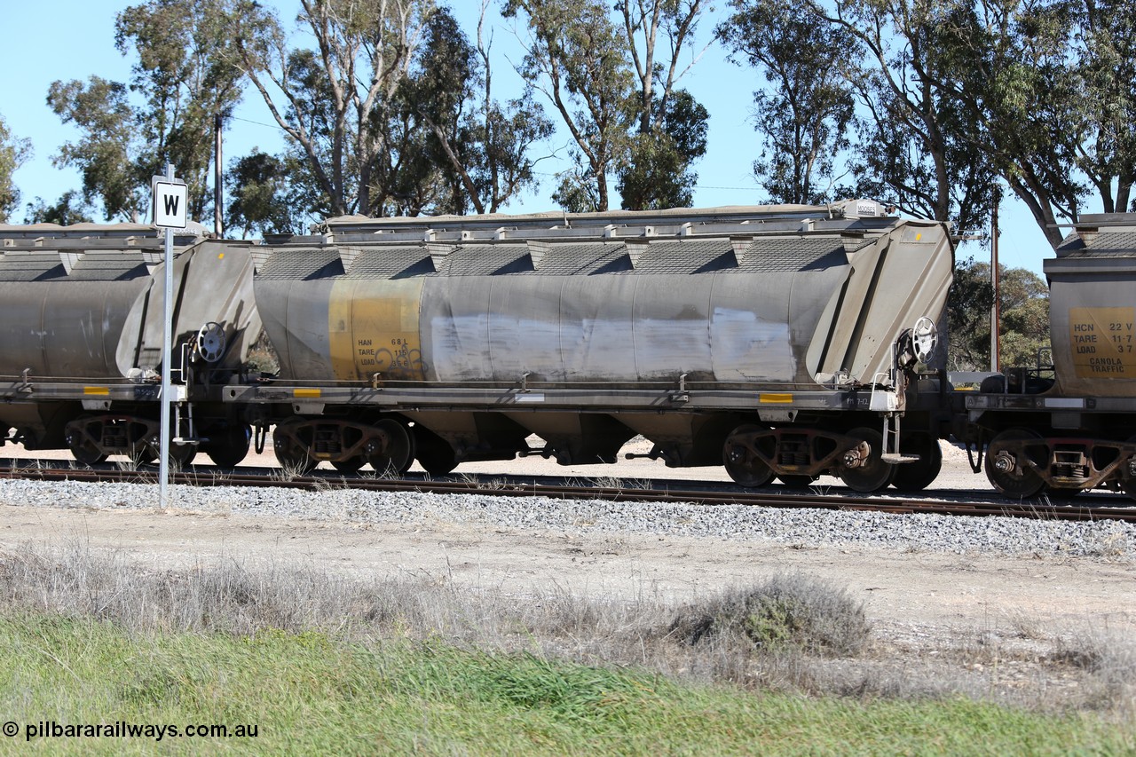 130703 0177
Tooligie, HAN type bogie grain hopper waggon HAN 68, final one of sixty eight units built by South Australian Railways Islington Workshops between 1969 and 1973 as the HAN type for the Eyre Peninsula system.
Keywords: HAN-type;HAN68;1969-73/68-68;SAR-Islington-WS;