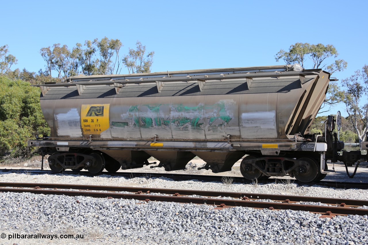 130703 0205
Tooligie, HAN type bogie grain hopper waggon HAN 36, one of sixty eight units built by South Australian Railways Islington Workshops between 1969 and 1973 as the HAN class for the Eyre Peninsula system.
Keywords: HAN-type;HAN36;1969-73/68-36;SAR-Islington-WS;