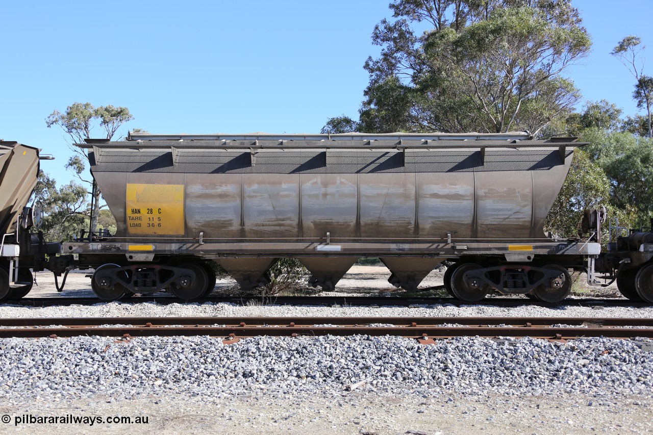 130703 0206
Tooligie, HAN type bogie grain hopper waggon HAN 28, one of sixty eight units built by South Australian Railways Islington Workshops between 1969 and 1973 as the HAN class for the Eyre Peninsula system.
Keywords: HAN-type;HAN28;1969-73/68-28;SAR-Islington-WS;