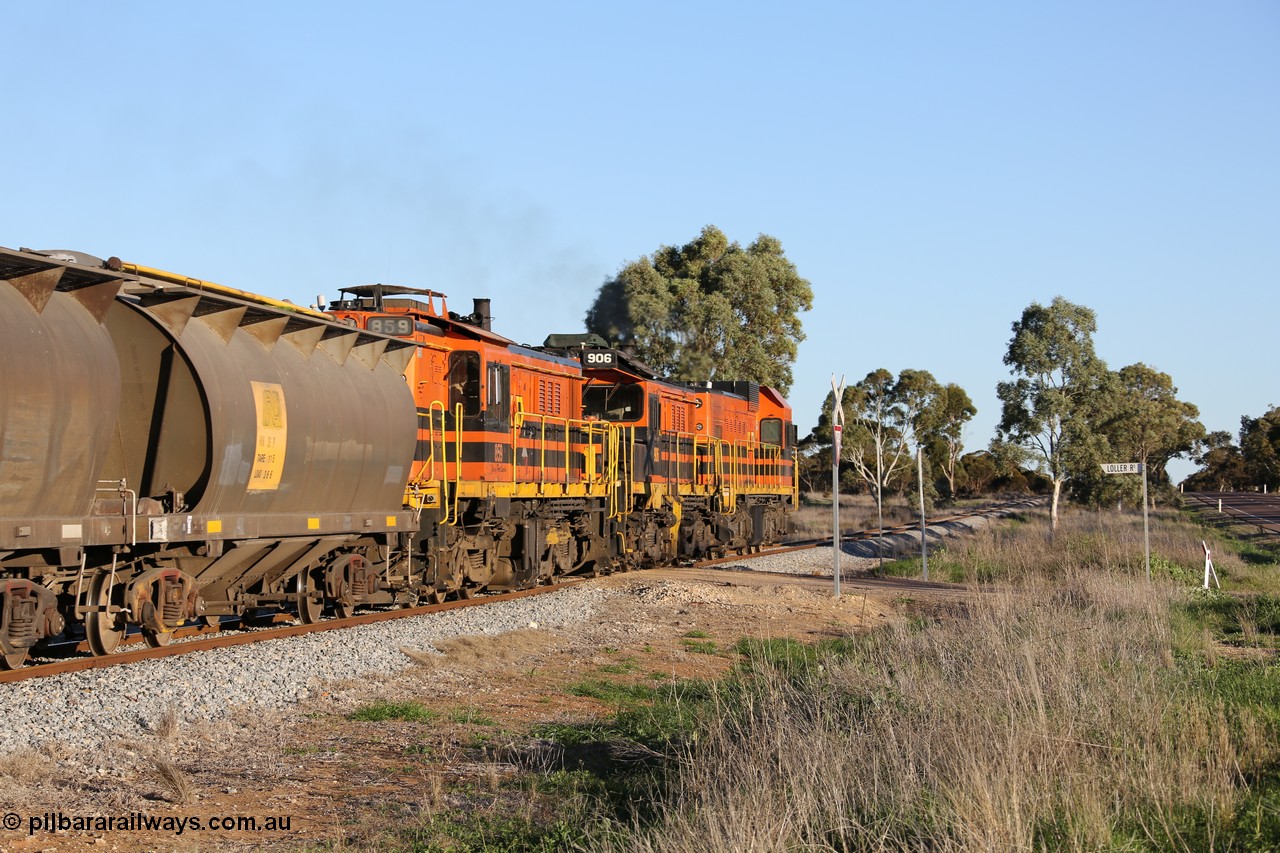 130703 0264
Kaldow, Port Lincoln bound loaded grain train crossing Loller Road grade crossing with EMD 1200 class 1204 leading two ALCo units, rebuilt 906 and 851. 3rd July 2013.
