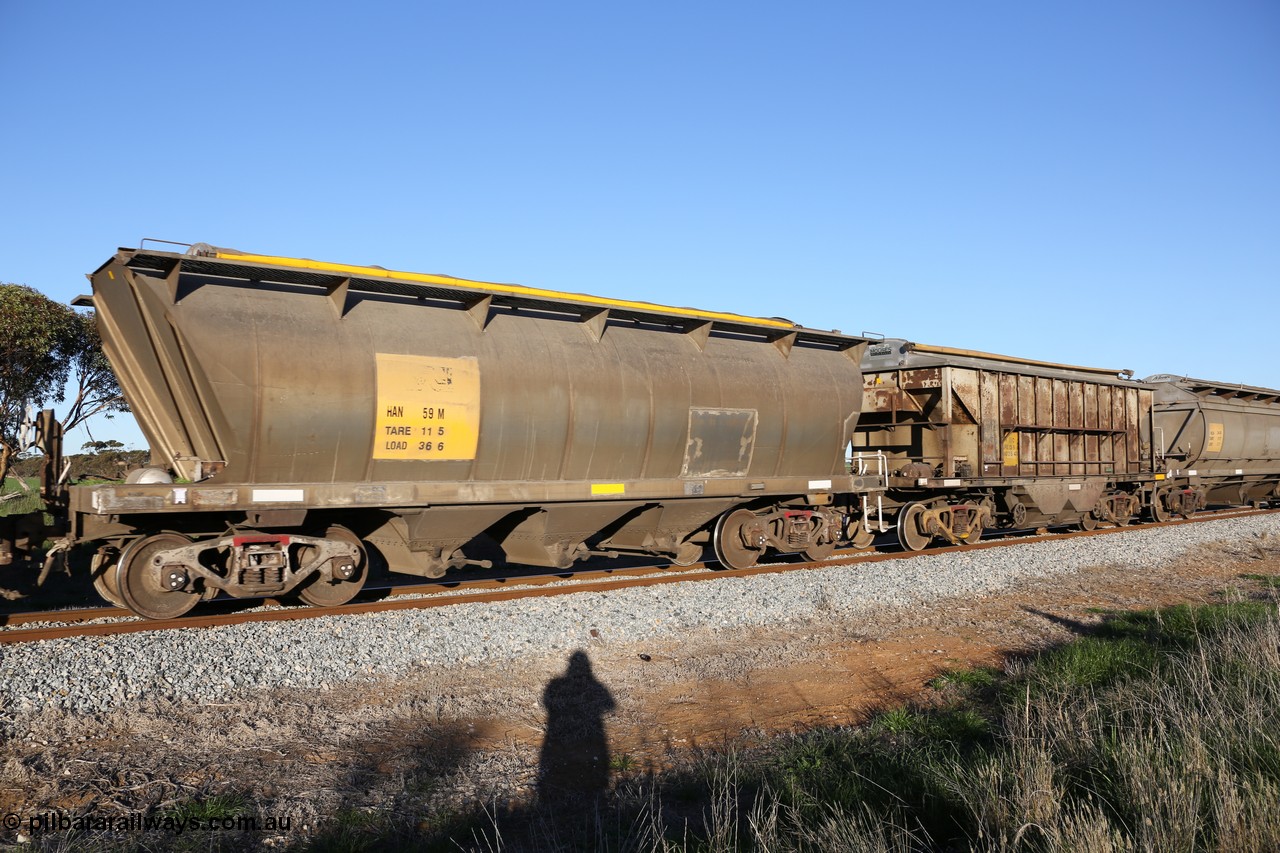 130703 0266
Kaldow, HAN type bogie grain hopper waggon HAN 59, one of sixty eight units built by South Australian Railways Islington Workshops between 1969 and 1973 as the HAN type for the Eyre Peninsula system. 3rd July 2013.
Keywords: HAN-type;HAN59;1969-73/68-59;SAR-Islington-WS;