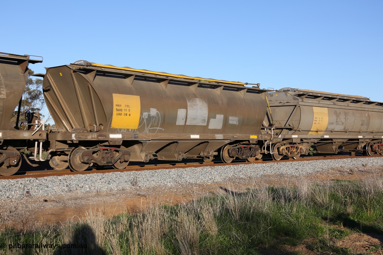 130703 0284
Kaldow, HAN type bogie grain hopper waggon HAN 29, one of sixty eight units built by South Australian Railways Islington Workshops between 1969 and 1973 as the HAN type for the Eyre Peninsula system.
Keywords: HAN-type;HAN29;1969-73/68-29;SAR-Islington-WS;