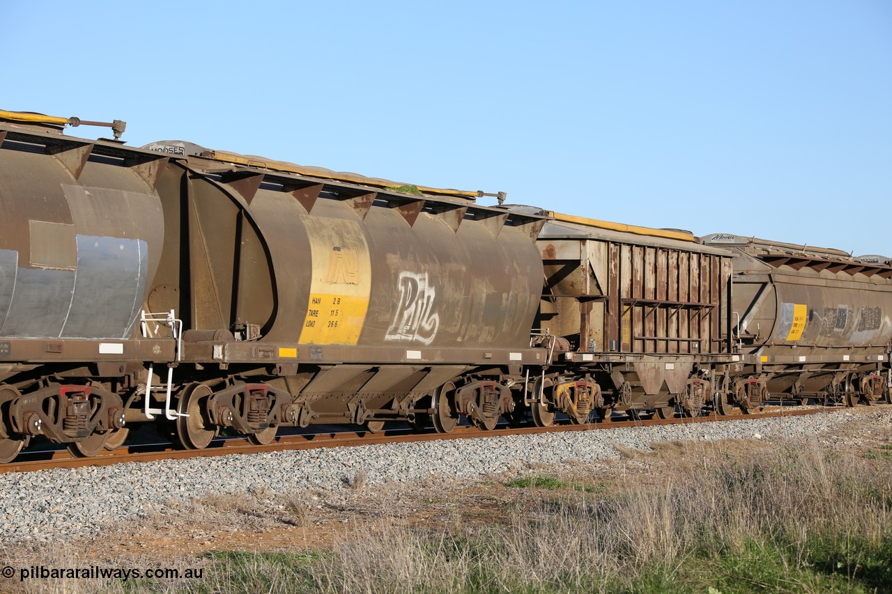 130703 0299
Kaldow, HAN type bogie grain hopper waggon HAN 2, one of sixty eight units built by South Australian Railways Islington Workshops between 1969 and 1973 as the HAN type for the Eyre Peninsula system.
Keywords: HAN-type;HAN2;1969-73/68-2;SAR-Islington-WS;