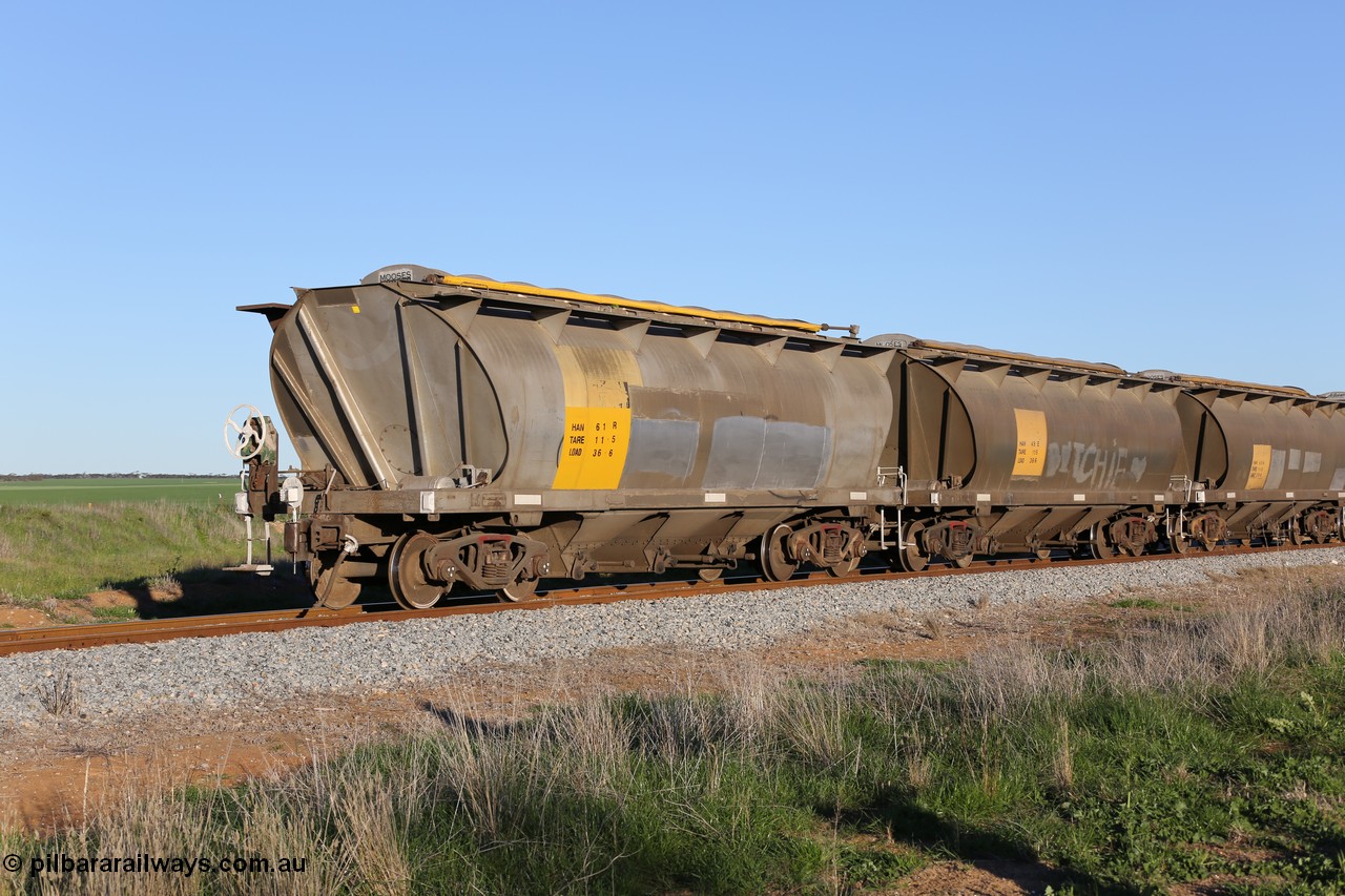 130703 0304
Kaldow, HAN type bogie grain hopper waggon HAN 61, one of sixty eight units built by South Australian Railways Islington Workshops between 1969 and 1973 as the HAN type for the Eyre Peninsula system.
Keywords: HAN-type;HAN61;1969-73/68-61;SAR-Islington-WS;