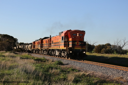 130703 0254
Kaldow, running south with the sun behind it is 1200 class 1204 a Clyde Engineering built EMD G12C model with serial 65-428 leading two ALCo units and was originally built in 1965 for Western Mining Corporation and operated by the WAGR as their A class A 1513. It came to the Eyre Peninsula in October 2004. [url=https://goo.gl/maps/FnDpXh45LbN7scrt5]Geo location[/url]. 3rd July 2013.
Keywords: 1200-class;1203;Clyde-Engineering-Granville-NSW;EMD;G12C;65-427;A-class;A1513;