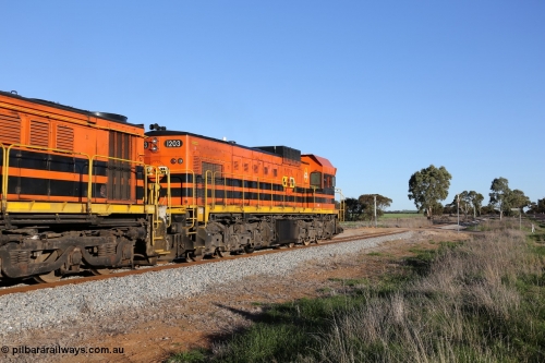 130703 0259
Kaldow, running south with the sun behind it is 1200 class 1204 a Clyde Engineering built EMD G12C model with serial 65-428 leading two ALCo units and was originally built in 1965 for Western Mining Corporation and operated by the WAGR as their A class A 1513. It came to the Eyre Peninsula in October 2004. [url=https://goo.gl/maps/FnDpXh45LbN7scrt5]Geo location[/url]. 3rd July 2013.
Keywords: 1200-class;1203;Clyde-Engineering-Granville-NSW;EMD;G12C;65-427;A-class;A1513;