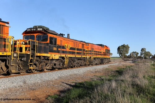 130703 0260
Kaldow, second unit on a Port Lincoln bound grain train Genesee & Wyoming locomotive 906 from the 900/DA class, rebuilt by AN Islington Workshops in 1998 as DA class DA 7 from former NSWGR 48 class 4813 which was an AE Goodwin ALCo model DL531 serial 83713 from 1960 and some parts from SAR 830 class unit 870. Renumbered from DA 7 to 906 in October 2004. 3rd July 2013.
Keywords: 900-class;906;48-class;4813;AE-Goodwin;ALCo;DL531;83713;AN-Islington-WS;rebuild;DA-class;DA7;