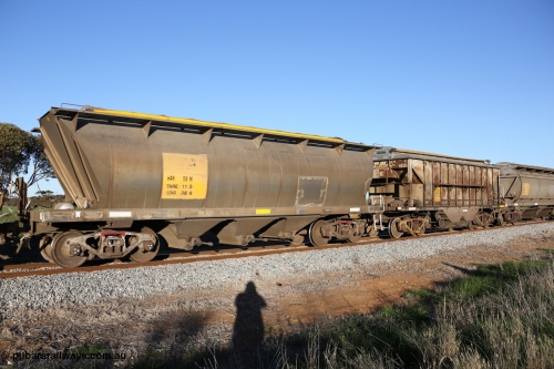 130703 0266
Kaldow, HAN type bogie grain hopper waggon HAN 59, one of sixty eight units built by South Australian Railways Islington Workshops between 1969 and 1973 as the HAN type for the Eyre Peninsula system. 3rd July 2013.
Keywords: HAN-type;HAN59;1969-73/68-59;SAR-Islington-WS;