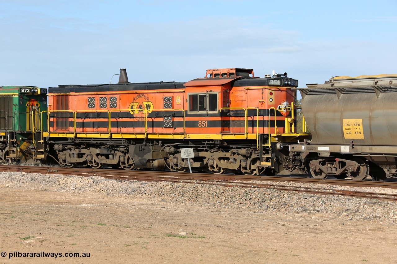130704 0385
Kyancutta, former Australian National narrow gauge 830 class locomotive 851, an AE Goodwin built ALCo DL531 model with serial 84737 built new for the SAR in 1962 and delivered new to Port Lincoln in April 1962 wearing current owner Genesee & Wyoming's livery, it has spent it's whole working life on the Eyre Peninsula. 4th July 2013.
Keywords: 830-class;851;AE-Goodwin;ALCo;DL531;84137;