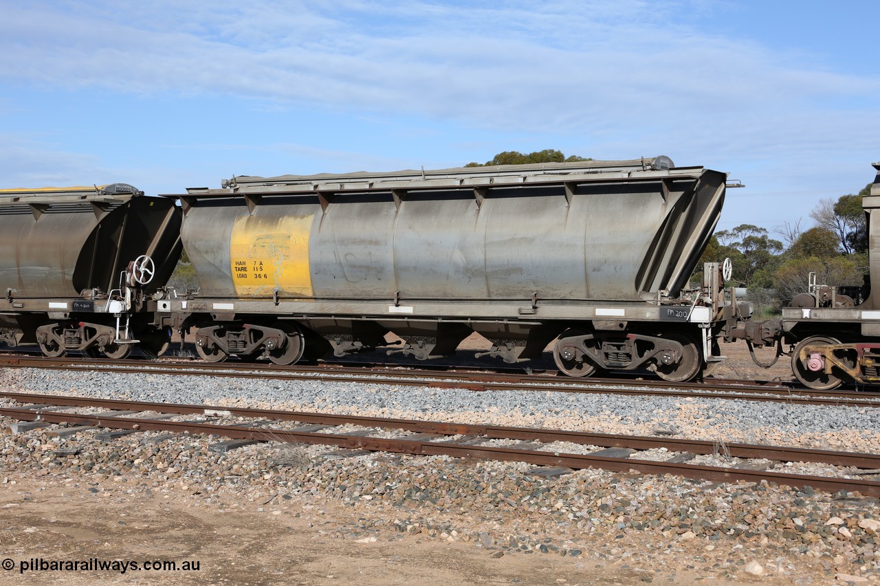 130704 0391
Kyancutta, HAN type bogie grain hopper waggon HAN 7, one of sixty eight units built by South Australian Railways Islington Workshops between 1969 and 1973 as the HAN type for the Eyre Peninsula system.
Keywords: HAN-type;HAN7;1969-73/68-7;SAR-Islington-WS;