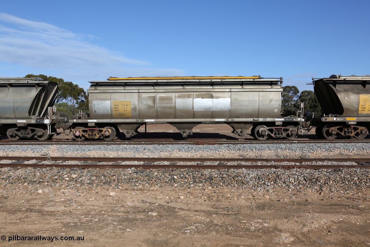 130704 0392
Kyancutta, HCN type bogie grain hopper waggon HCN 13, originally an NHB type hopper built by Tulloch Ltd for the Commonwealth Railways North Australia Railway. One of forty rebuilt by Islington Workshops 1978-79 to the HCN type with a 36 ton rating, increased to 40 tonnes in 1984. Seen here loaded with grain with a Moose Metalworks roll-top cover.
Keywords: HCN-type;HCN13;SAR-Islington-WS;rebuild;Tulloch-Ltd-NSW;NHB-type;NHB1577;