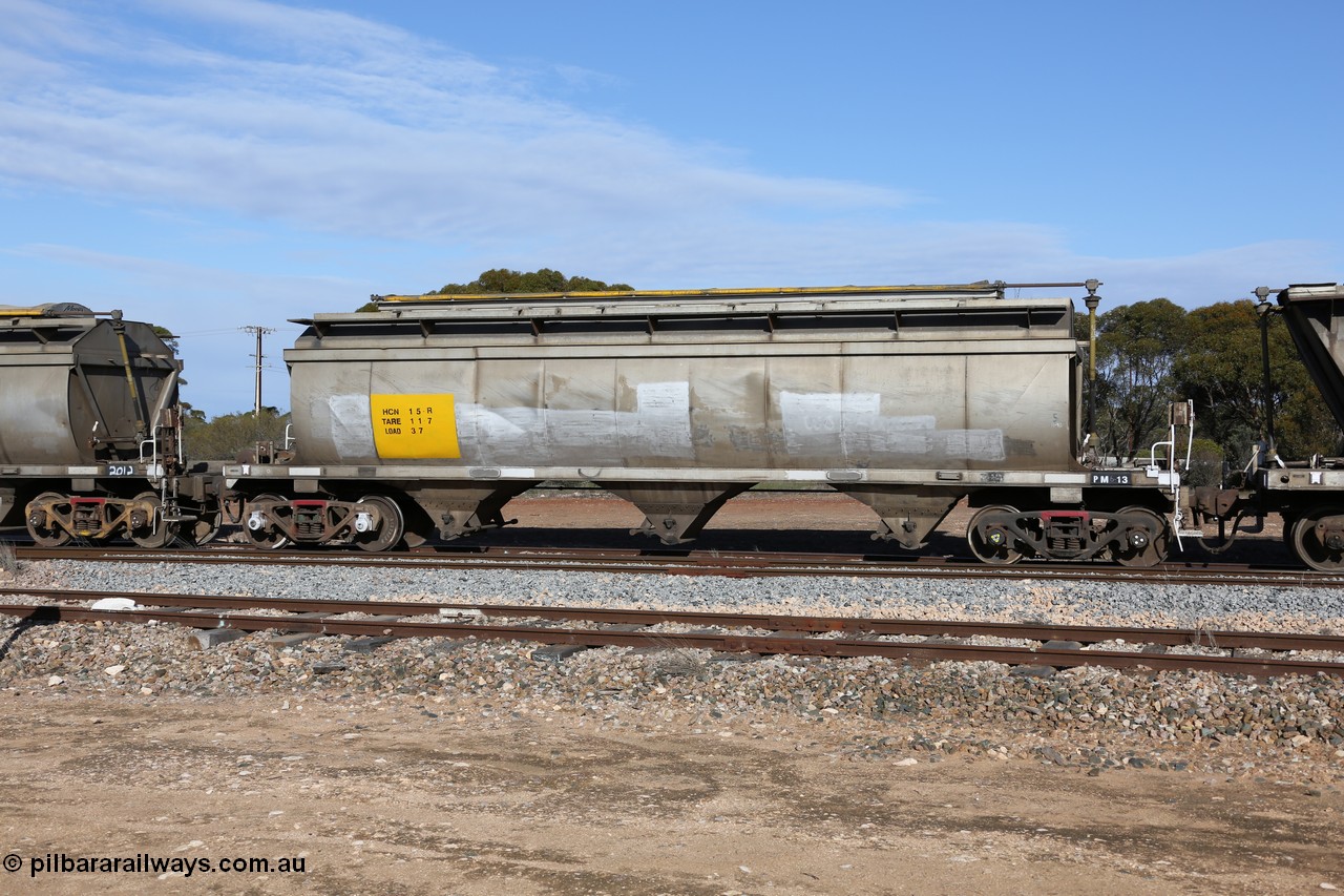 130704 0401
Kyancutta, HCN type bogie grain hopper waggon HCN 15, originally an NHB type hopper built by Tulloch Ltd for the Commonwealth Railways North Australia Railway. One of forty rebuilt by Islington Workshops 1978-79 to the HCN type with a 36 ton rating, increased to 40 tonnes in 1984. Seen here loaded with grain with a Moose Metalworks roll-top cover.
Keywords: HCN-type;HCN15;SAR-Islington-WS;rebuild;Tulloch-Ltd-NSW;NHB-type;NHB1588;
