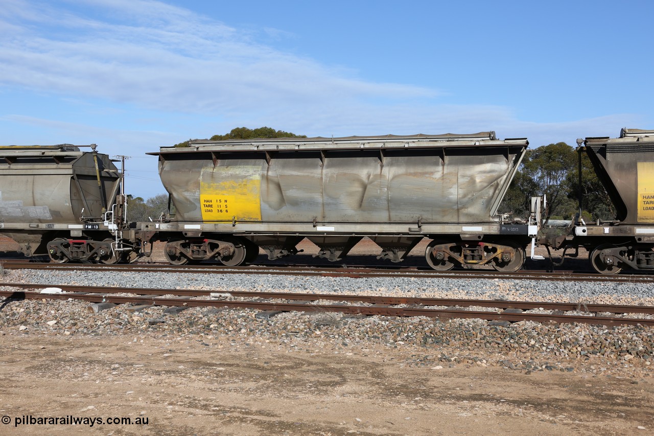 130704 0402
Kyancutta, HAN type bogie grain hopper waggon HAN 15, one of sixty eight units built by South Australian Railways Islington Workshops between 1969 and 1973 as the HAN type for the Eyre Peninsula system.
Keywords: HAN-type;HAN15;1969-73/68-15;SAR-Islington-WS;