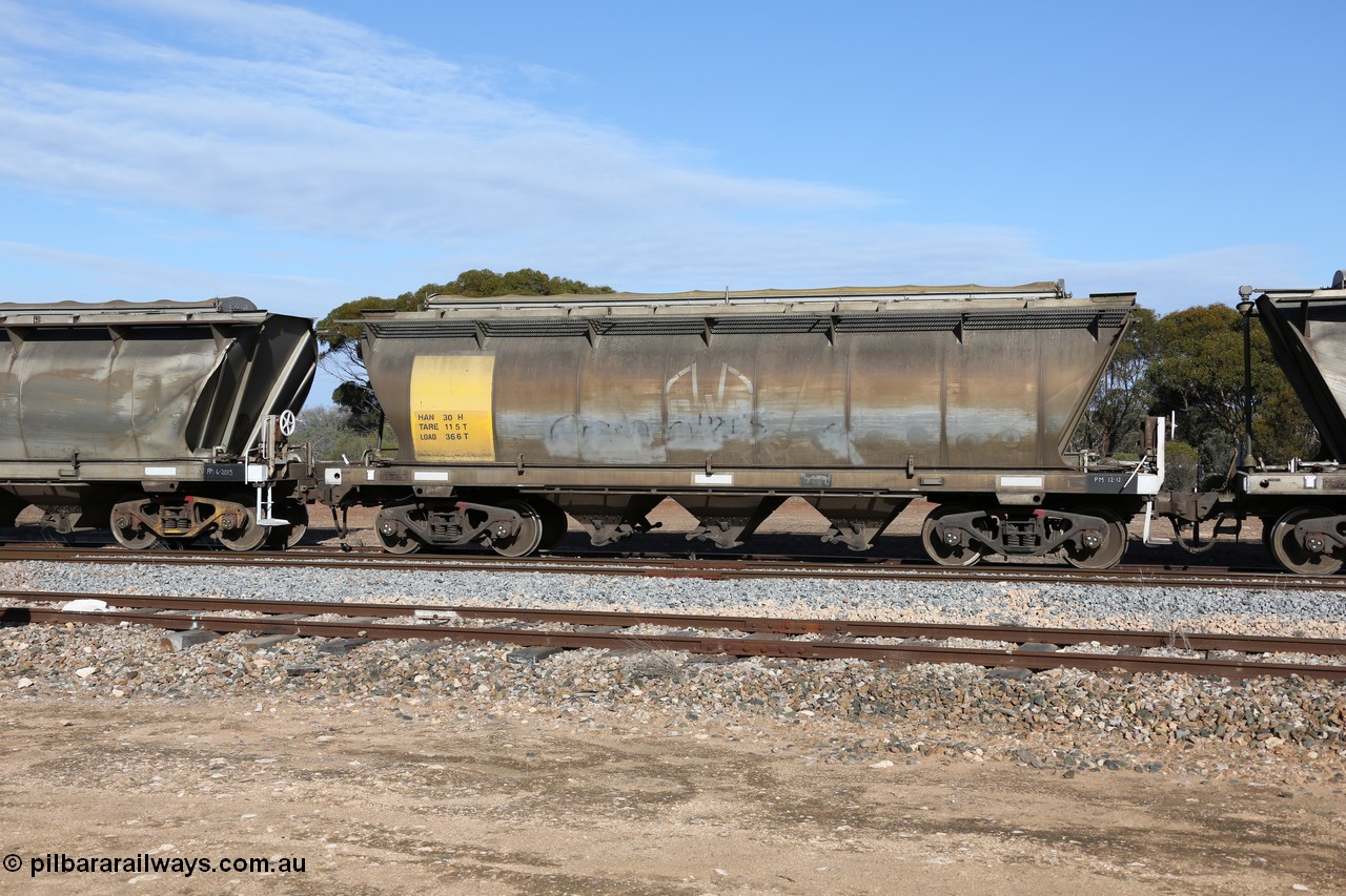 130704 0403
Kyancutta, HAN type bogie grain hopper waggon HAN 30, one of sixty eight units built by South Australian Railways Islington Workshops between 1969 and 1973 as the HAN type for the Eyre Peninsula system.
Keywords: HAN-type;HAN30;1969-73/68-30;SAR-Islington-WS;
