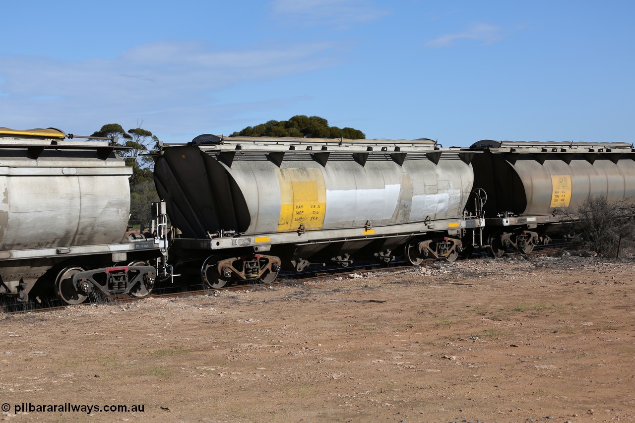 130704 0453
Kyancutta, HAN type bogie grain hopper waggon HAN 46, one of sixty eight units built by South Australian Railways Islington Workshops between 1969 and 1973 as the HAN type for the Eyre Peninsula system.
Keywords: HAN-type;HAN46;1969-73/68-46;SAR-Islington-WS;