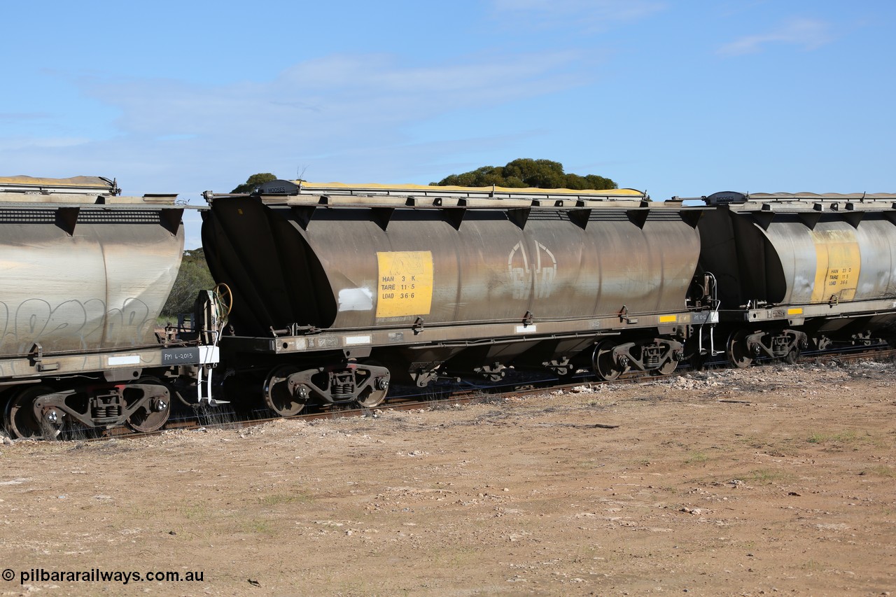 130704 0460
Kyancutta, HAN type bogie grain hopper waggon HAN 3, one of sixty eight units built by South Australian Railways Islington Workshops between 1969 and 1973 as the HAN type for the Eyre Peninsula system.
Keywords: HAN-type;HAN3;1969-73/68-3;SAR-Islington-WS;