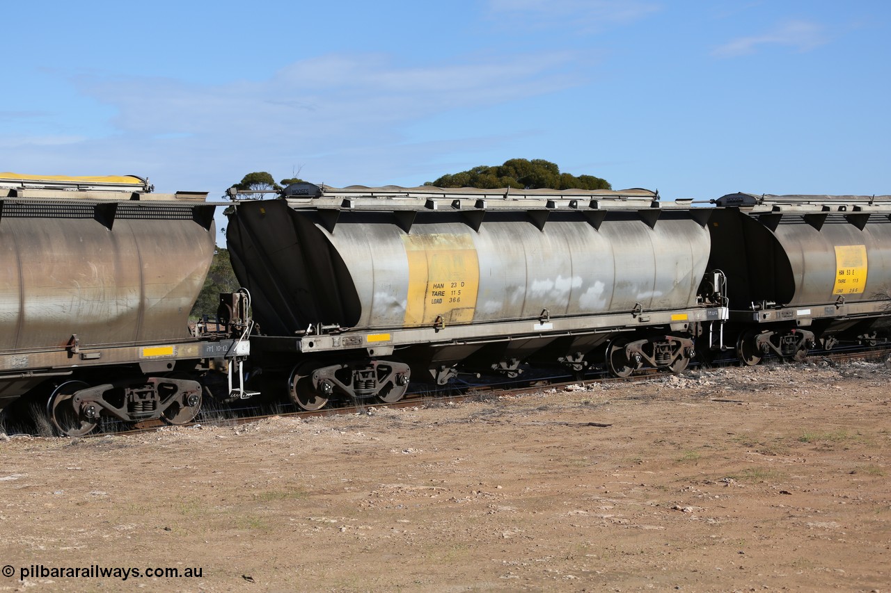 130704 0461
Kyancutta, HAN type bogie grain hopper waggon HAN 23, one of sixty eight units built by South Australian Railways Islington Workshops between 1969 and 1973 as the HAN type for the Eyre Peninsula system.
Keywords: HAN-type;HAN23;1969-73/68-23;SAR-Islington-WS;