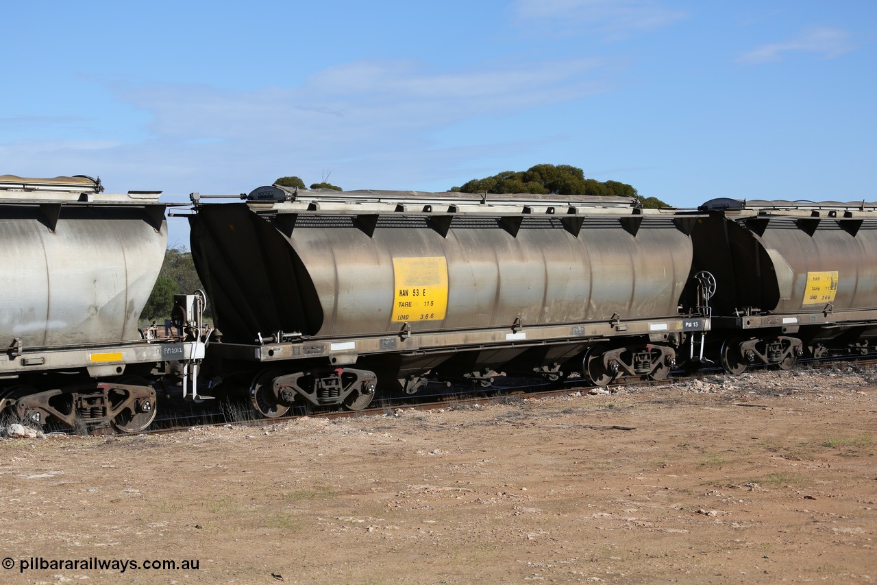130704 0462
Kyancutta, HAN type bogie grain hopper waggon HAN 53, one of sixty eight units built by South Australian Railways Islington Workshops between 1969 and 1973 as the HAN type for the Eyre Peninsula system.
Keywords: HAN-type;HAN53;1969-73/68-53;SAR-Islington-WS;