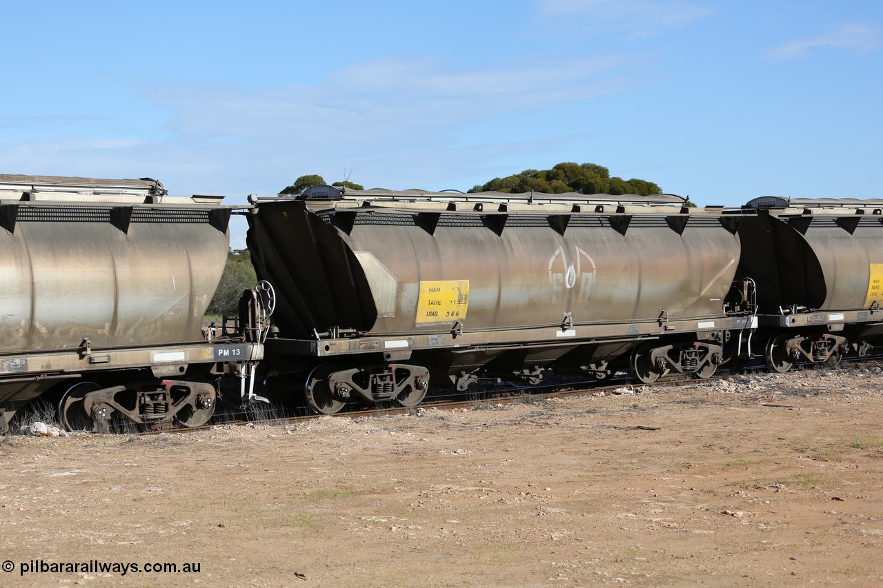 130704 0463
Kyancutta, HAN type bogie grain hopper waggon HAN 6, one of sixty eight units built by South Australian Railways Islington Workshops between 1969 and 1973 as the HAN type for the Eyre Peninsula system.
Keywords: HAN-type;HAN6;1969-73/68-6;SAR-Islington-WS;