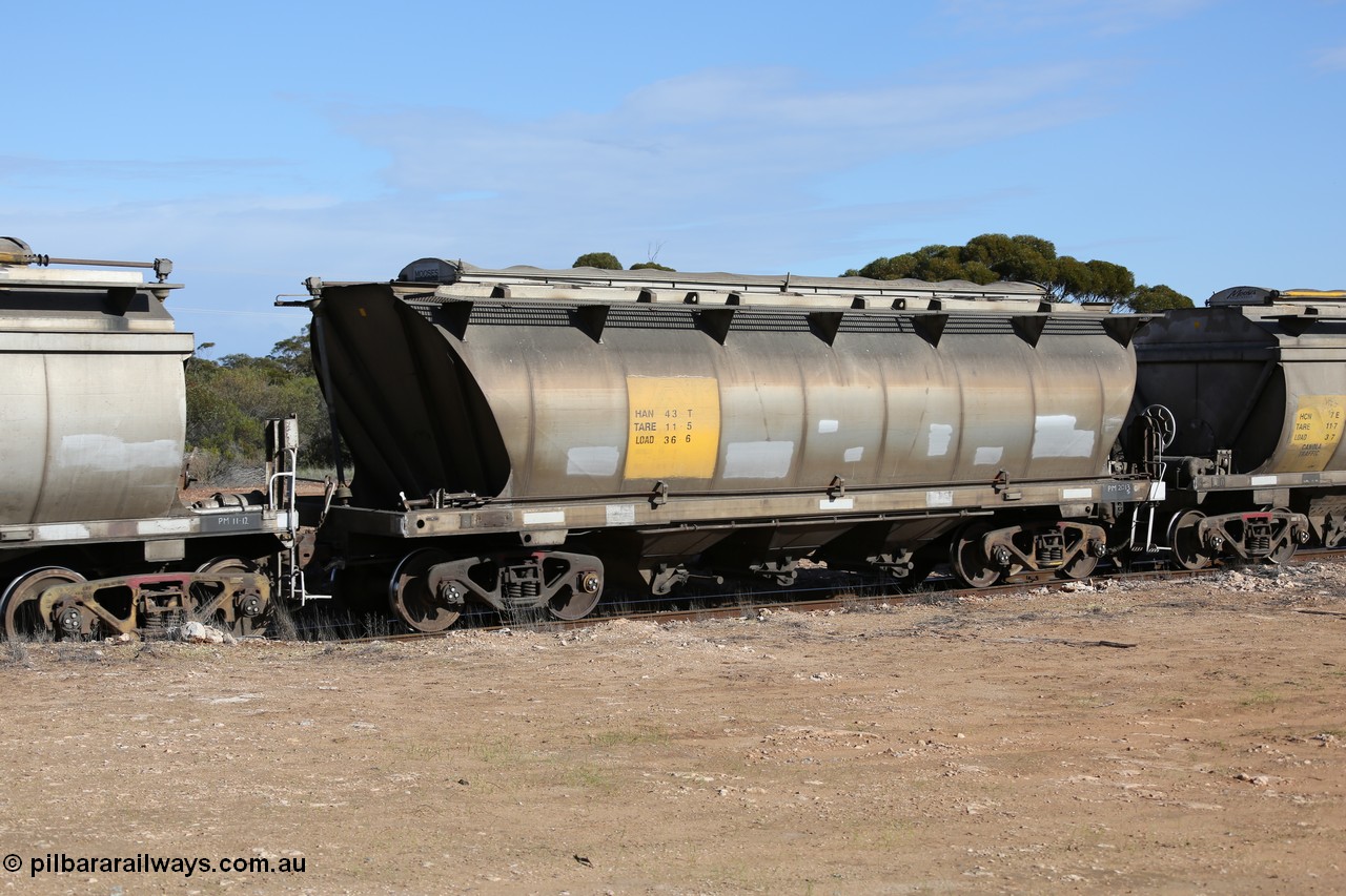 130704 0474
Kyancutta, HAN type bogie grain hopper waggon HAN 43, one of sixty eight units built by South Australian Railways Islington Workshops between 1969 and 1973 as the HAN type for the Eyre Peninsula system.
Keywords: HAN-type;HAN43;1969-73/68-43;SAR-Islington-WS;