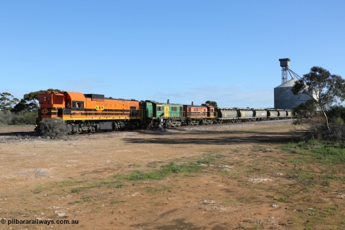 130704 0374
Kyancutta, south bound loaded grain train has stopped here to collect a loaded rack of fourteen grain waggons from the Ascom silo complex, Clyde Engineering built EMD G12C model 1204 serial 65-428 leads the train and was originally built in 1965 for Western Mining Corporation and operated by the WAGR as their A class A 1514.
Keywords: 1200-class;1204;Clyde-Engineering-Granville-NSW;EMD;G12C;65-428;A-class;A1514;