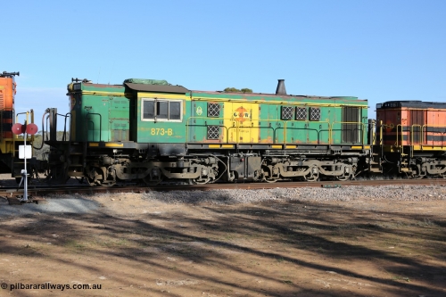 130704 0377
Kyancutta, former Australian National narrow gauge 830 class locomotive 873, an AE Goodwin built ALCo DL531 model with serial G3422-3 built new for the SAR in 1966 and delivered new to Port Lincoln in April 1966 with decals for current owner Genesee & Wyoming, it has spent it's whole working life on the Eyre Peninsula. July 4, 2006.
Keywords: 830-class;873;AE-Goodwin;ALCo;DL531;G3422-3;